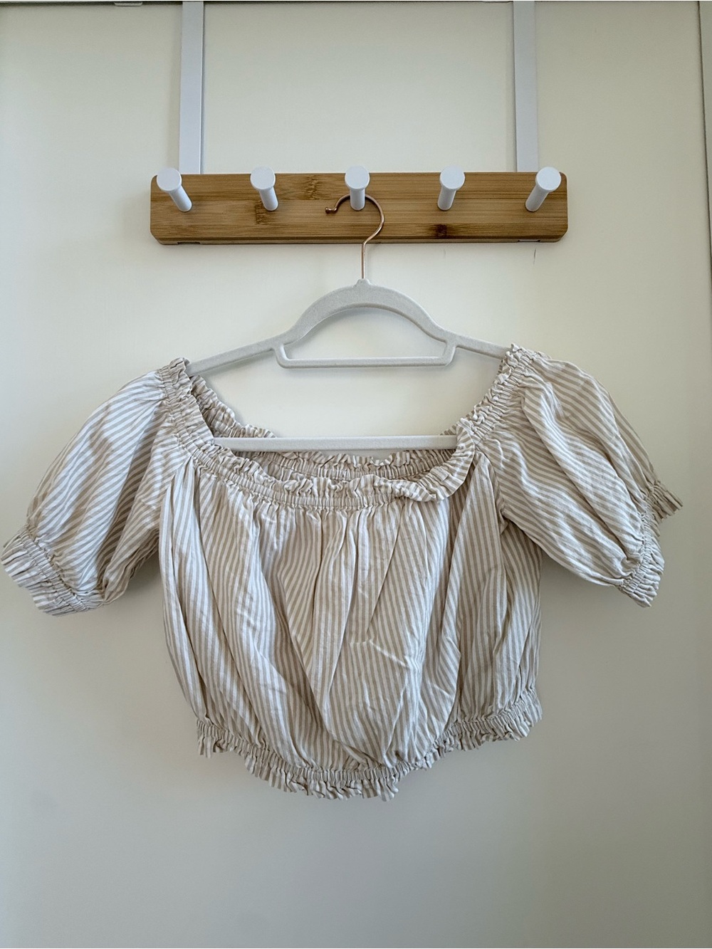 L'Academie Beige and White Striped Off-Shoulder Smocked Crop Top